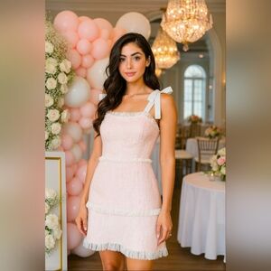 Chic Pink Tweed Mini Dress with White Ribbon And Fringe Details